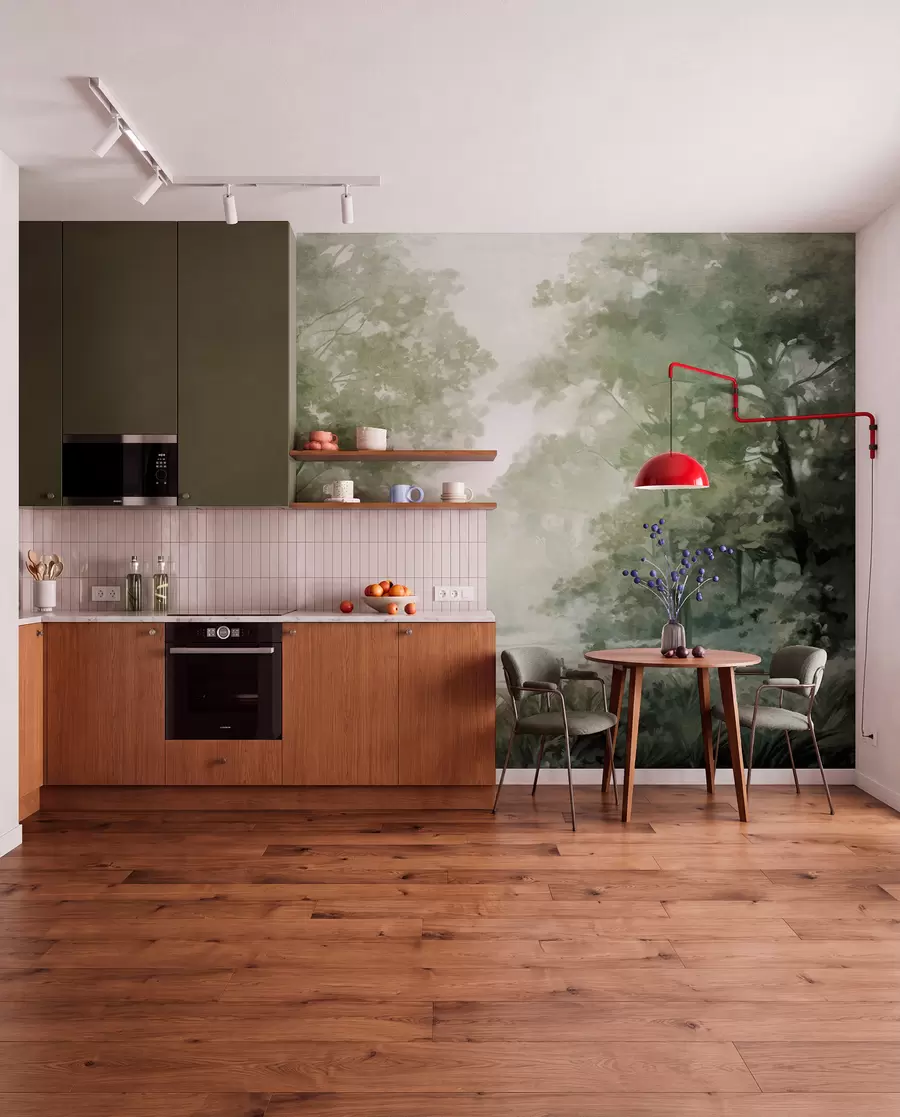 Carta da parati nature Paesaggio forestale strutturato, alberi con foglie verdi, tavolozza di colori pastello 
