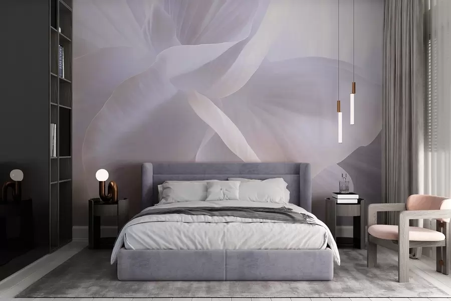 Carta da parati Fiori grandi Fiore astratto con petali delicati, illuminazione soffusa, composizione elegante, estetica minimalista n. w09211