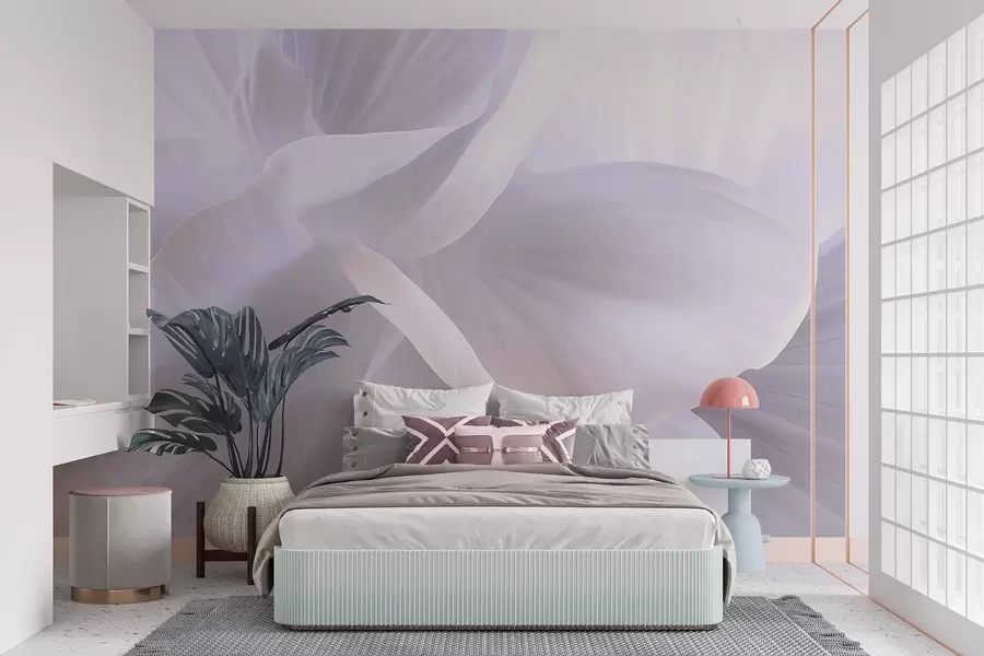 Carta da parati Fiori grandi Fiore astratto con petali delicati, illuminazione soffusa, composizione elegante, estetica minimalista n. w09211