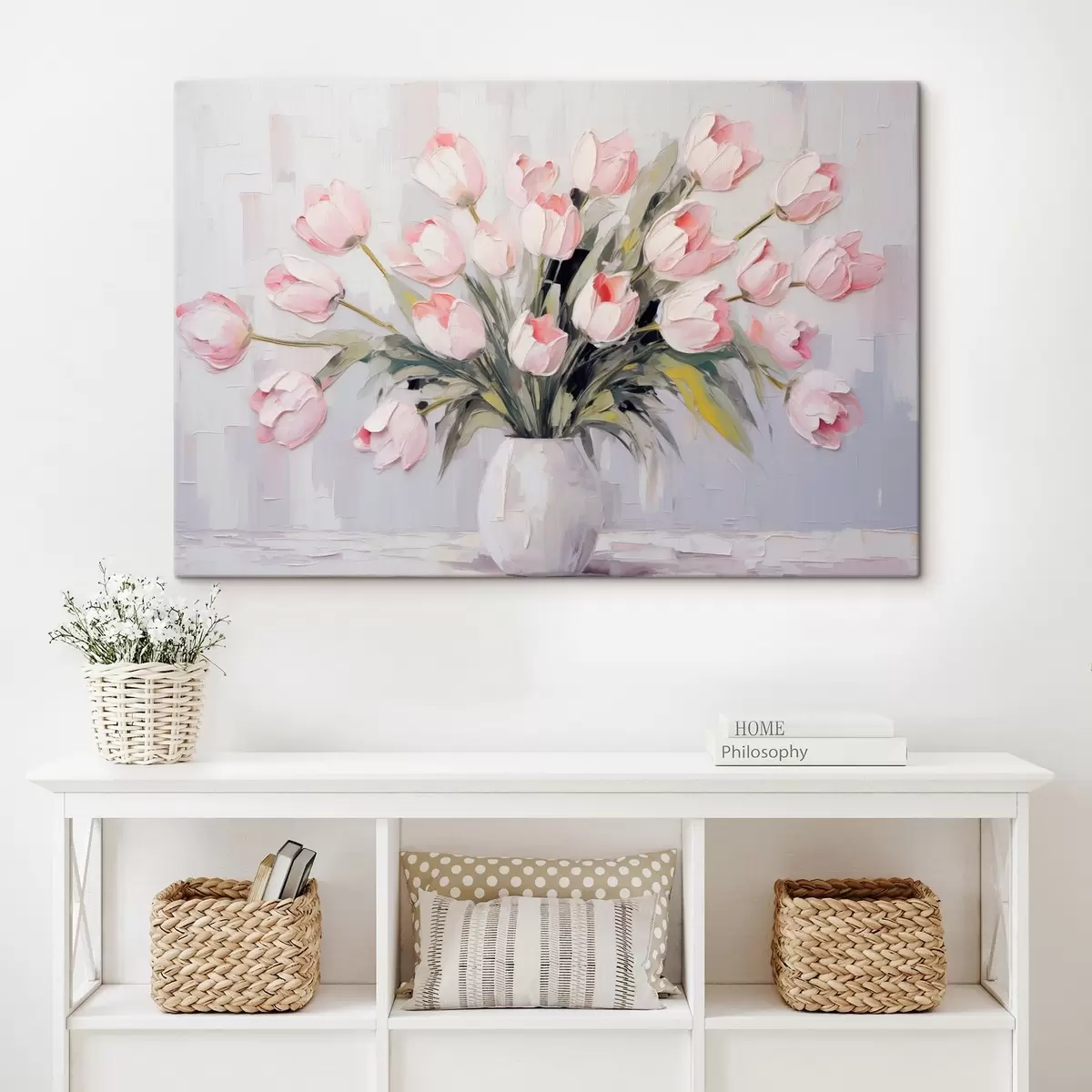 carta da parati Vaso con tulipani rosa, foglie verdi, sfondo grigio chiaro, stile pittura ad olio, pennellate spesse  nr. s44852