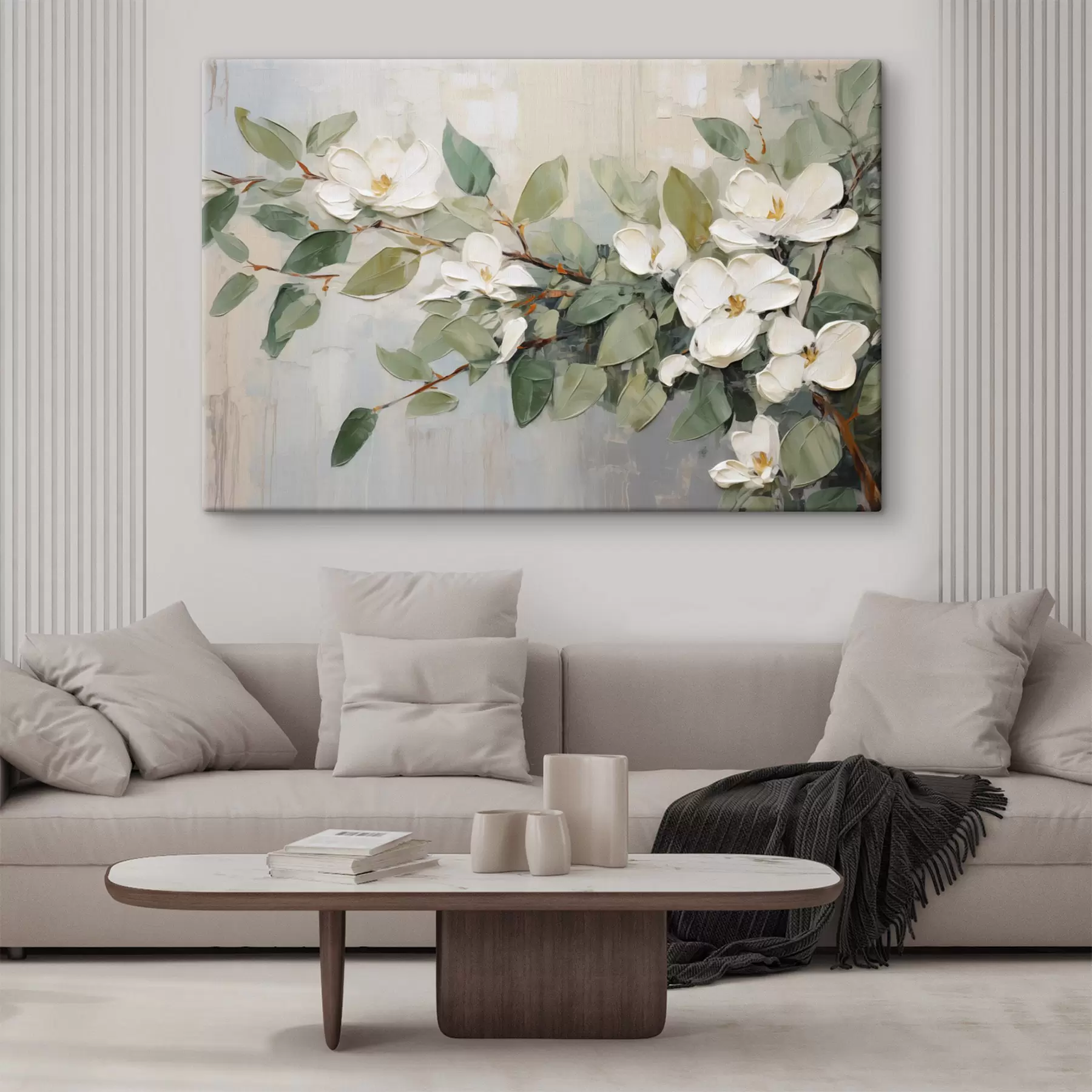 carta da parati Fiori di magnolia con foglie verdi su un ramo, stile impasto testurizzato, tavolozza di colori tenui nr. s44853