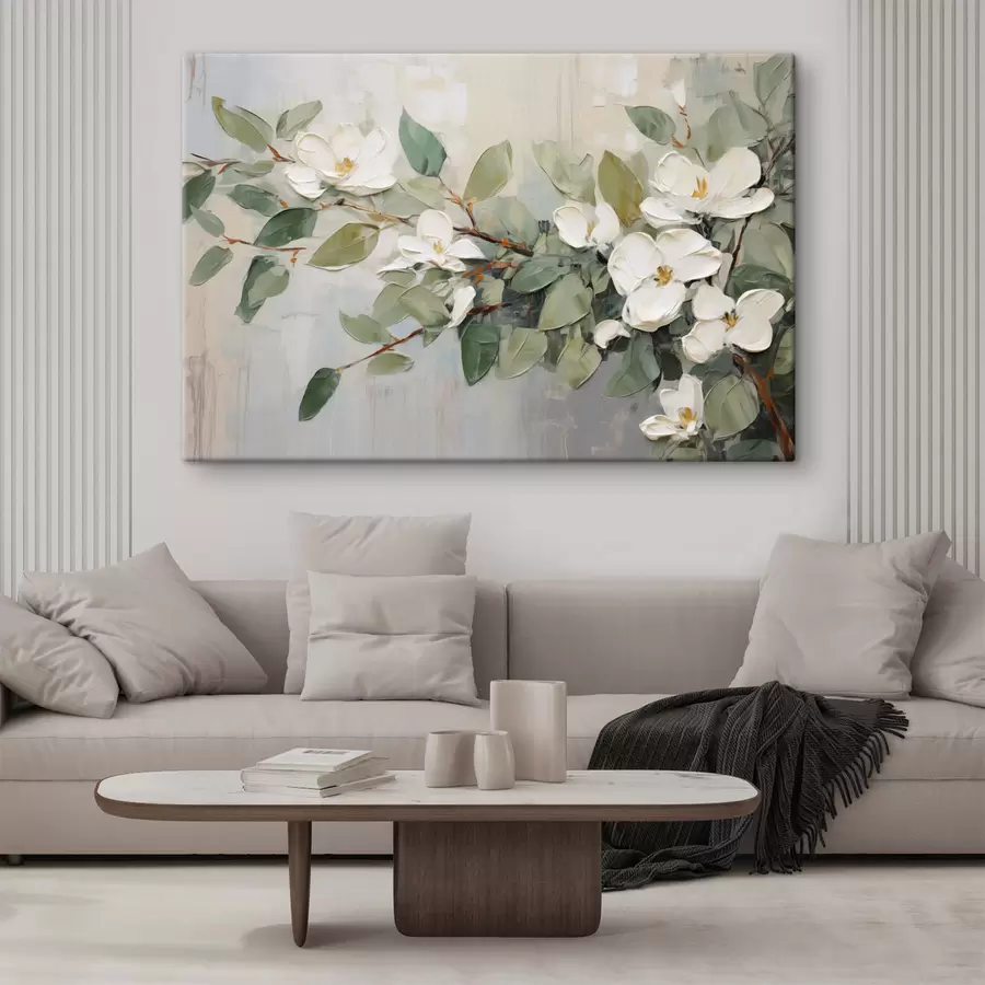 carta da parati Fiori di magnolia con foglie verdi su un ramo, stile impasto testurizzato, tavolozza di colori tenui nr. s44853