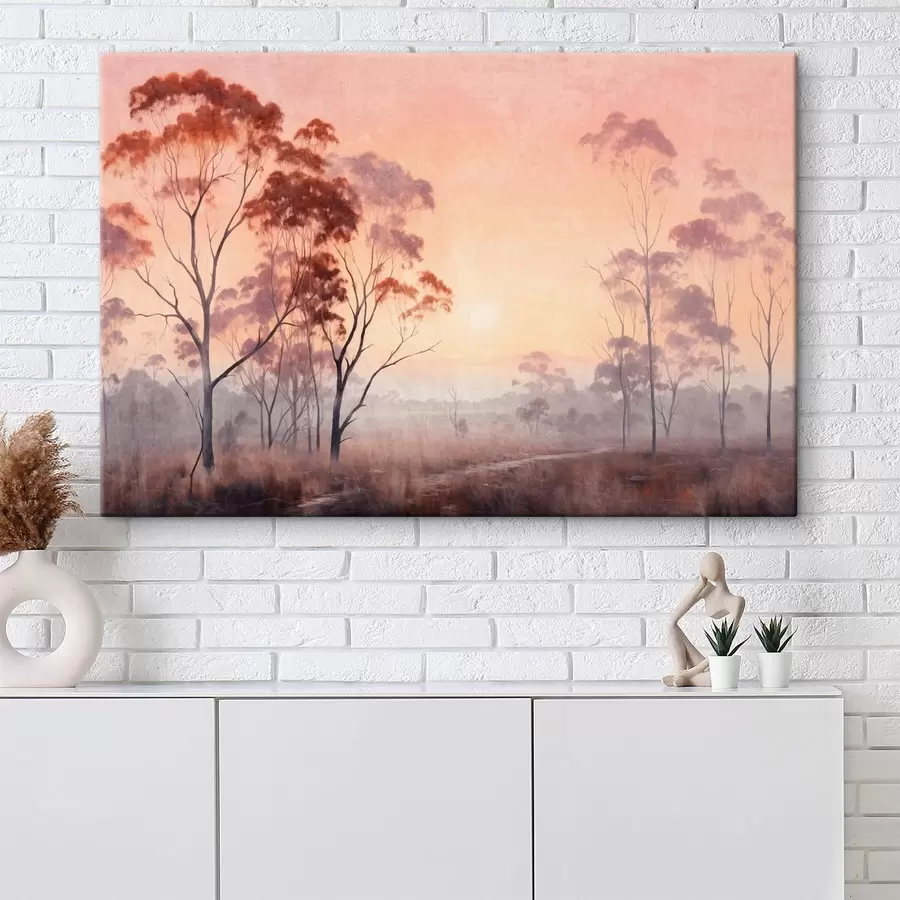 carta da parati Un dipinto di paesaggio di un campo con erba alta e alberi, il sole sullo sfondo nr. s44854