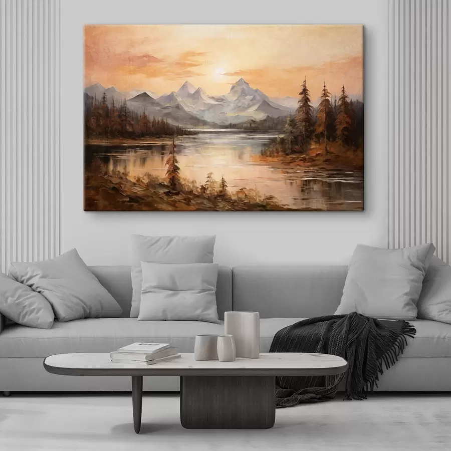 carta da parati Paesaggio con un lago circondato da alberi e montagne sullo sfondo, cielo arancione con il sole  nr. s44857