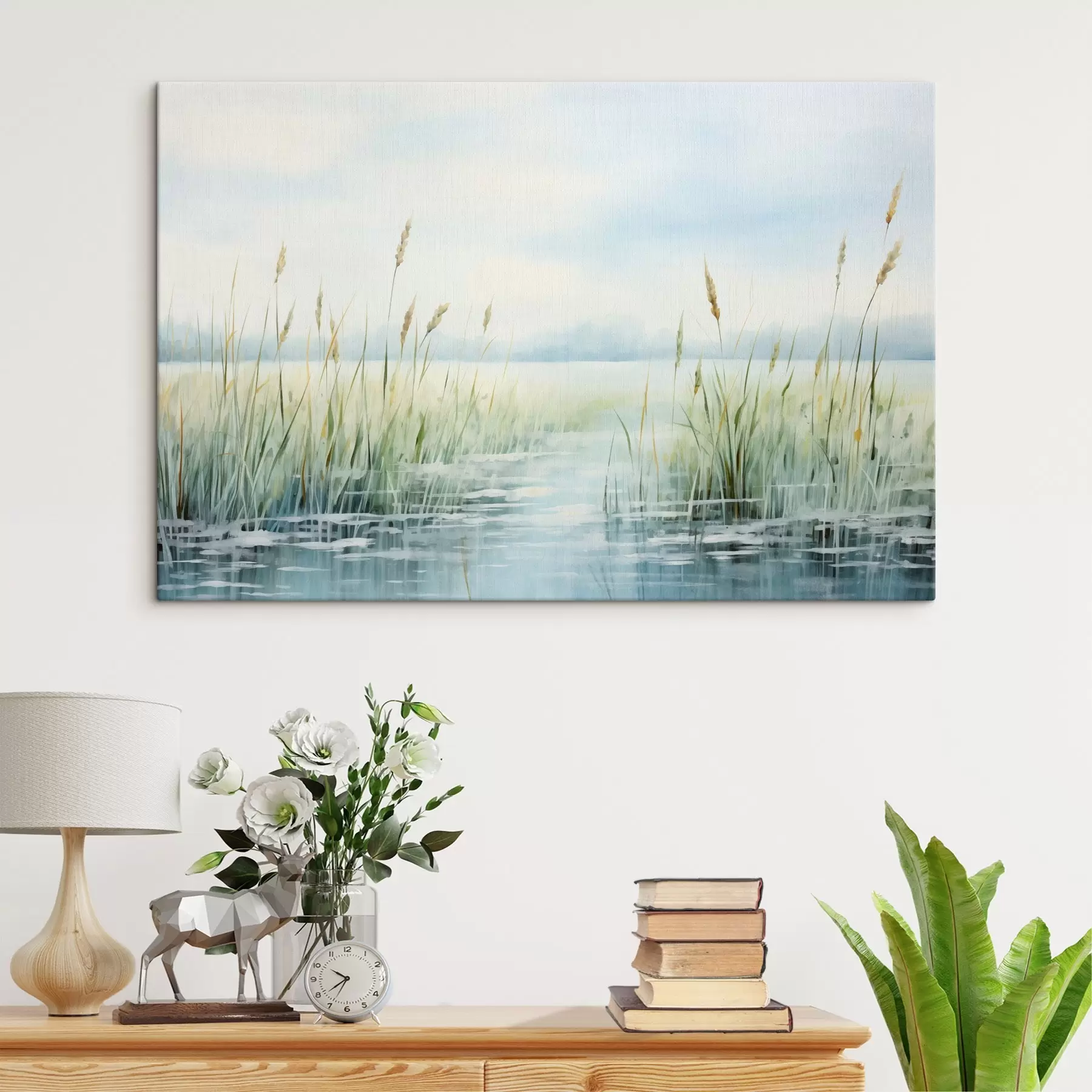 carta da parati Una pittura ad acquerello imitazione di erba alta che cresce vicino all'acqua, cielo coperto e sfondo sfocato  nr. s44860