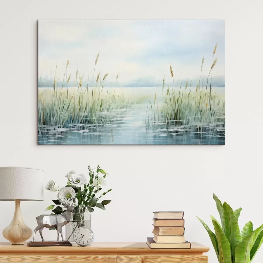 carta da parati Una pittura ad acquerello imitazione di erba alta che cresce vicino all'acqua, cielo coperto e sfondo sfocato  nr. s44860