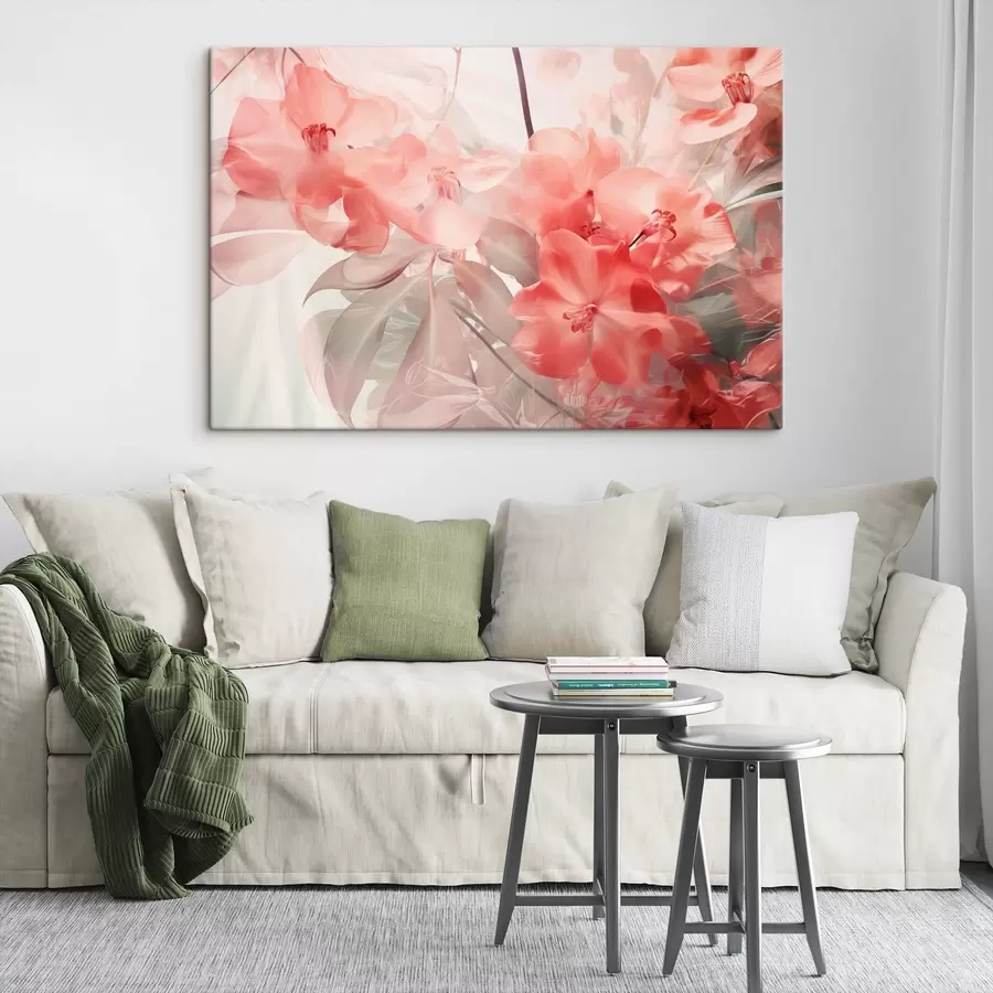 carta da parati Fiori tropicali rosa vibranti con foglie verdi tenui, che creano una texture delicata e sognante nr. s44861