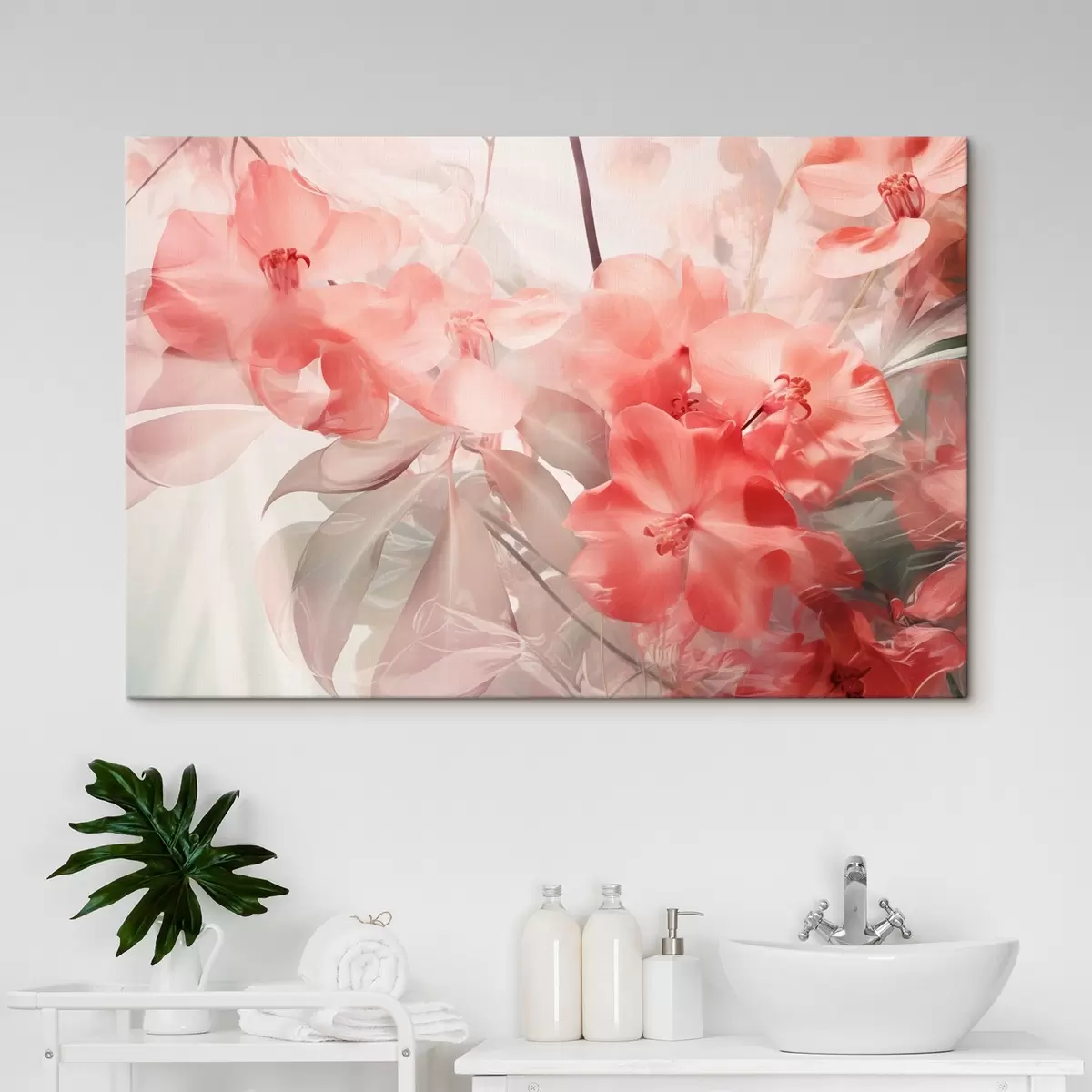 carta da parati Fiori tropicali rosa vibranti con foglie verdi tenui, che creano una texture delicata e sognante nr. s44861