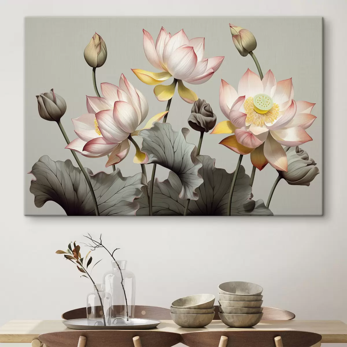 carta da parati Fiori di loto con petali pastello e foglie verdi, in una tavolozza di colori tenui, su uno sfondo semplice nr. s44862