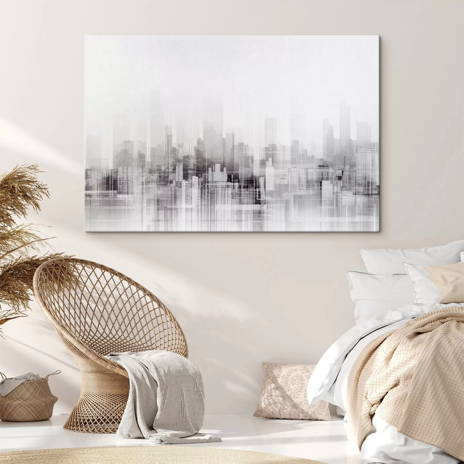 carta da parati Paesaggio urbano minimalista strutturato con edifici e grattacieli alti, stagliati su un cielo bianco nr. s44863