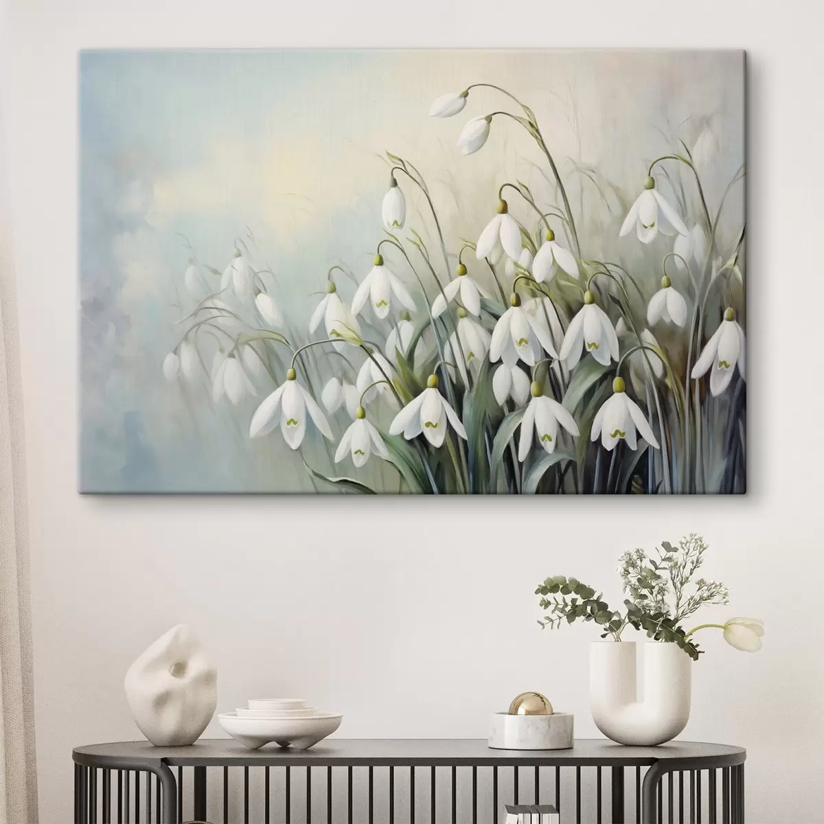 carta da parati Fiori bianchi di bucaneve con steli e foglie blu e verdi, pennellate morbide, sfondo sfocato  nr. s44864