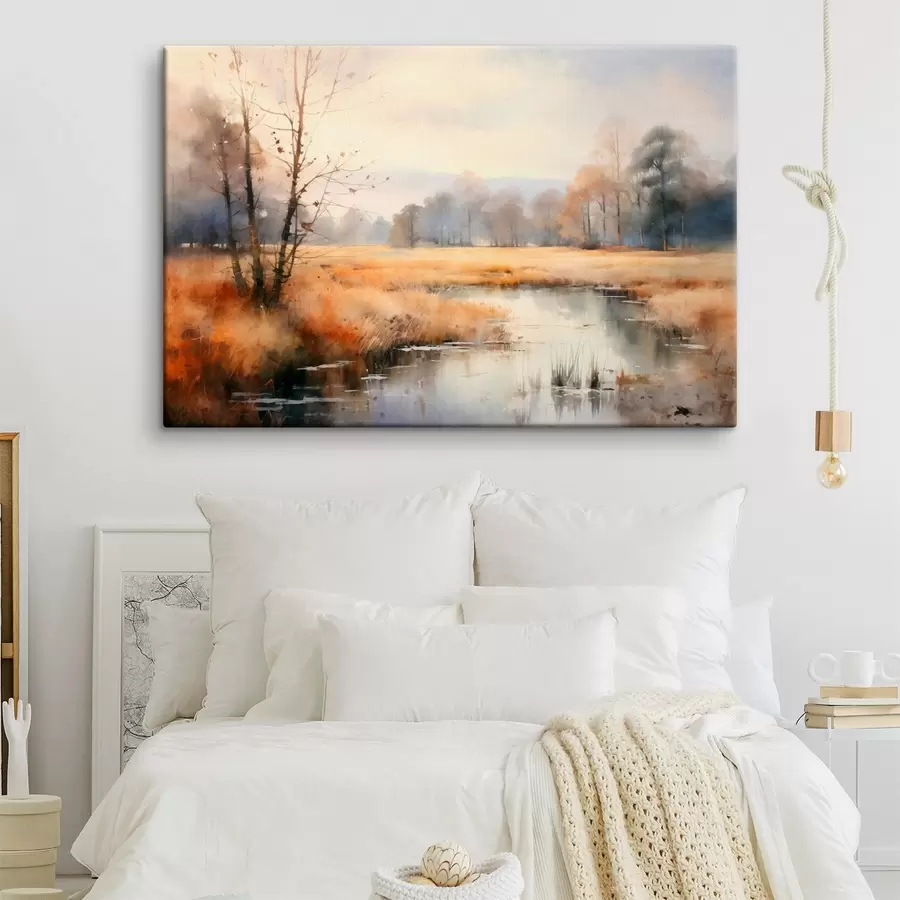 carta da parati Una tranquilla pittura paesaggistica con texture ad imitazione di canne e alberi spogli, l'acqua calma sotto un cielo nr. s44867