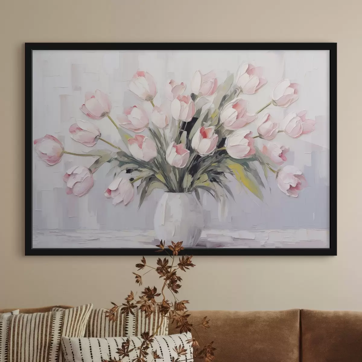 Poster Vaso con tulipani rosa, foglie verdi, sfondo grigio chiaro, stile pittura ad olio, pennellate spesse f44852