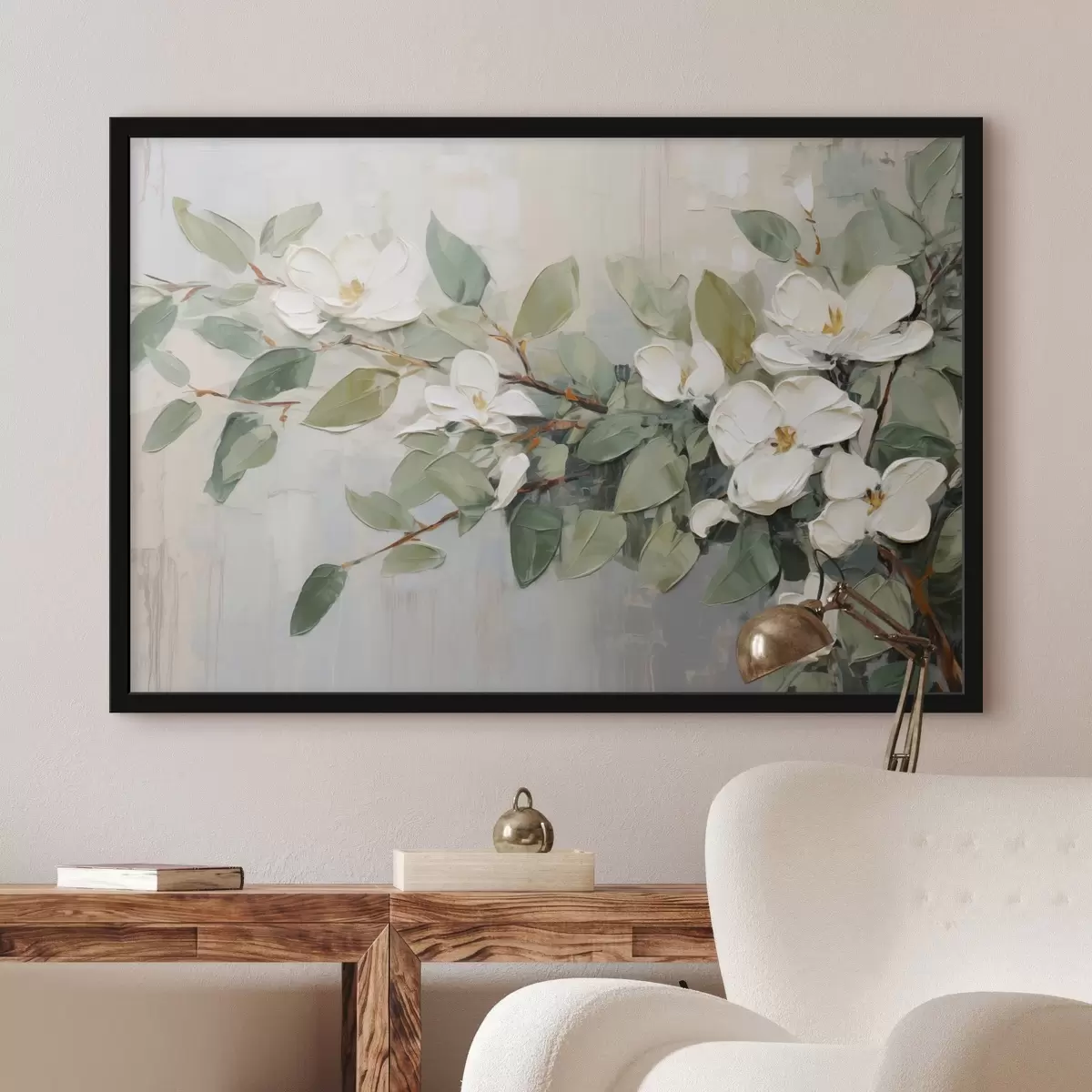 Poster Fiori di magnolia con foglie verdi su un ramo, stile impasto testurizzato, tavolozza di colori tenui f44853
