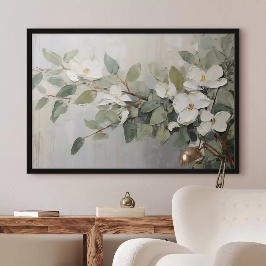 carta da parati Fiori di magnolia con foglie verdi su un ramo, stile impasto testurizzato, tavolozza di colori tenui nr. f44853