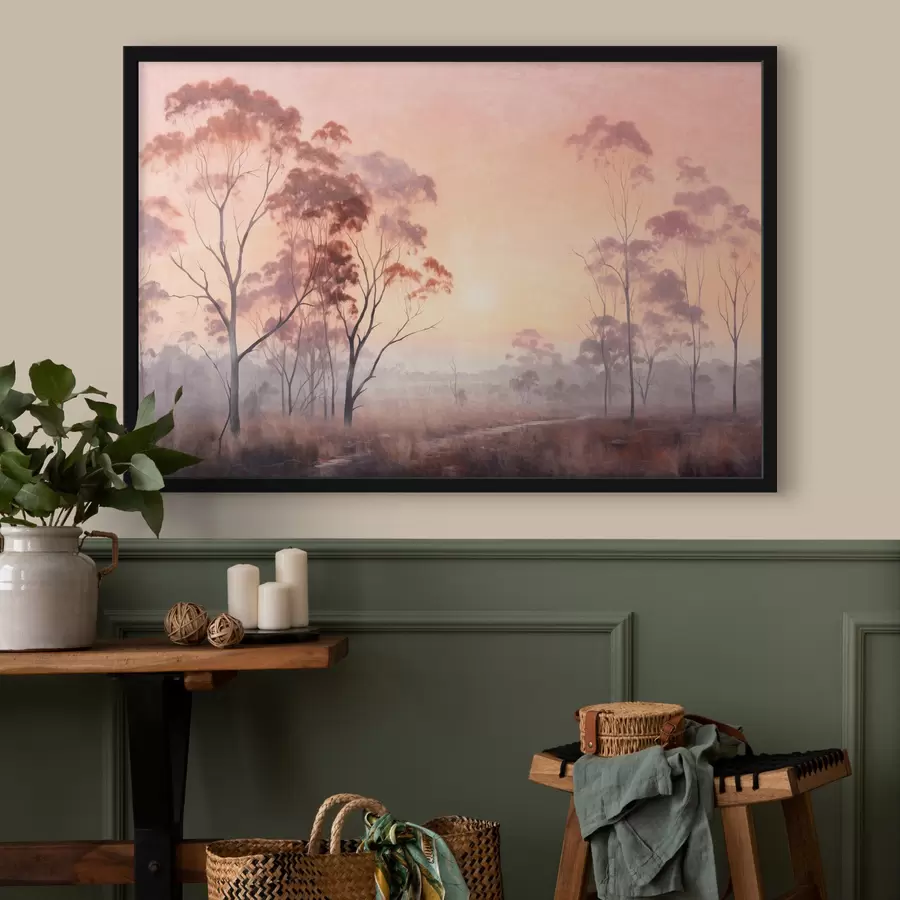 carta da parati Un dipinto di paesaggio di un campo con erba alta e alberi, il sole sullo sfondo nr. f44854