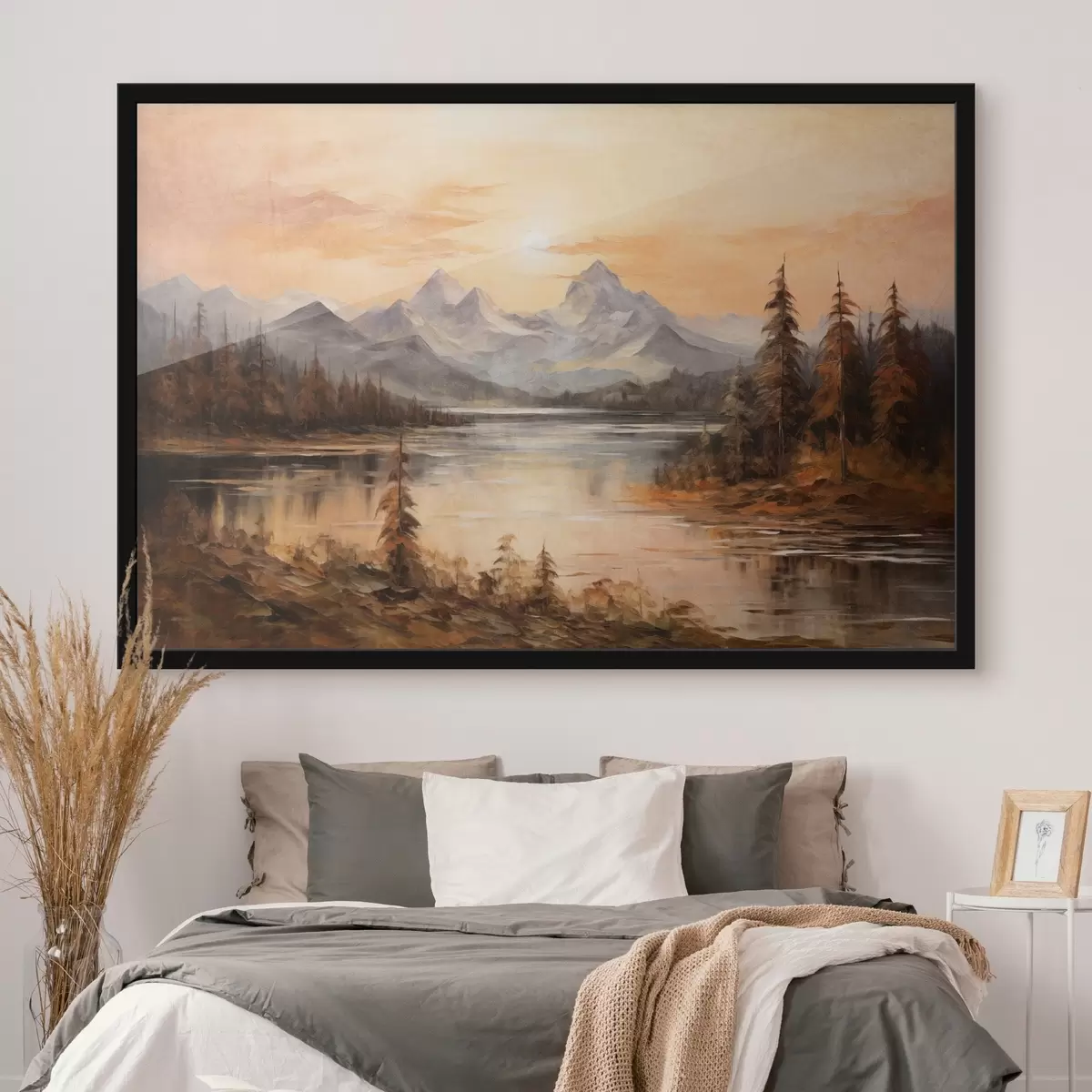 Poster Paesaggio con un lago circondato da alberi e montagne sullo sfondo, cielo arancione con il sole f44857