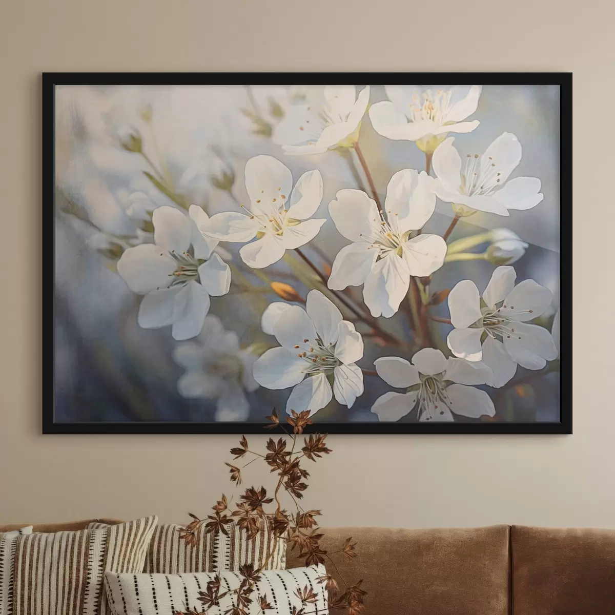 Poster Fiori di ciliegio bianchi strutturati in stile acquerello, petali delicati, stagione primaverile f44859