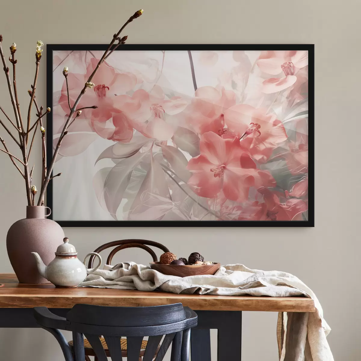 Poster Fiori tropicali rosa vibranti con foglie verdi tenui, che creano una texture delicata e sognante f44861