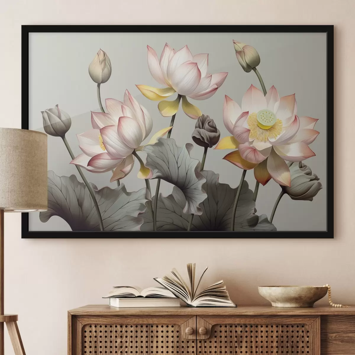 Poster Fiori di loto con petali pastello e foglie verdi, in una tavolozza di colori tenui, su uno sfondo semplice f44862