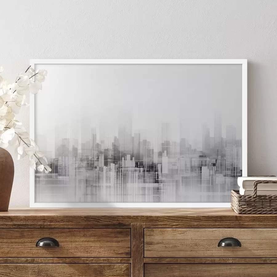 carta da parati Paesaggio urbano minimalista strutturato con edifici e grattacieli alti, stagliati su un cielo bianco nr. f44863