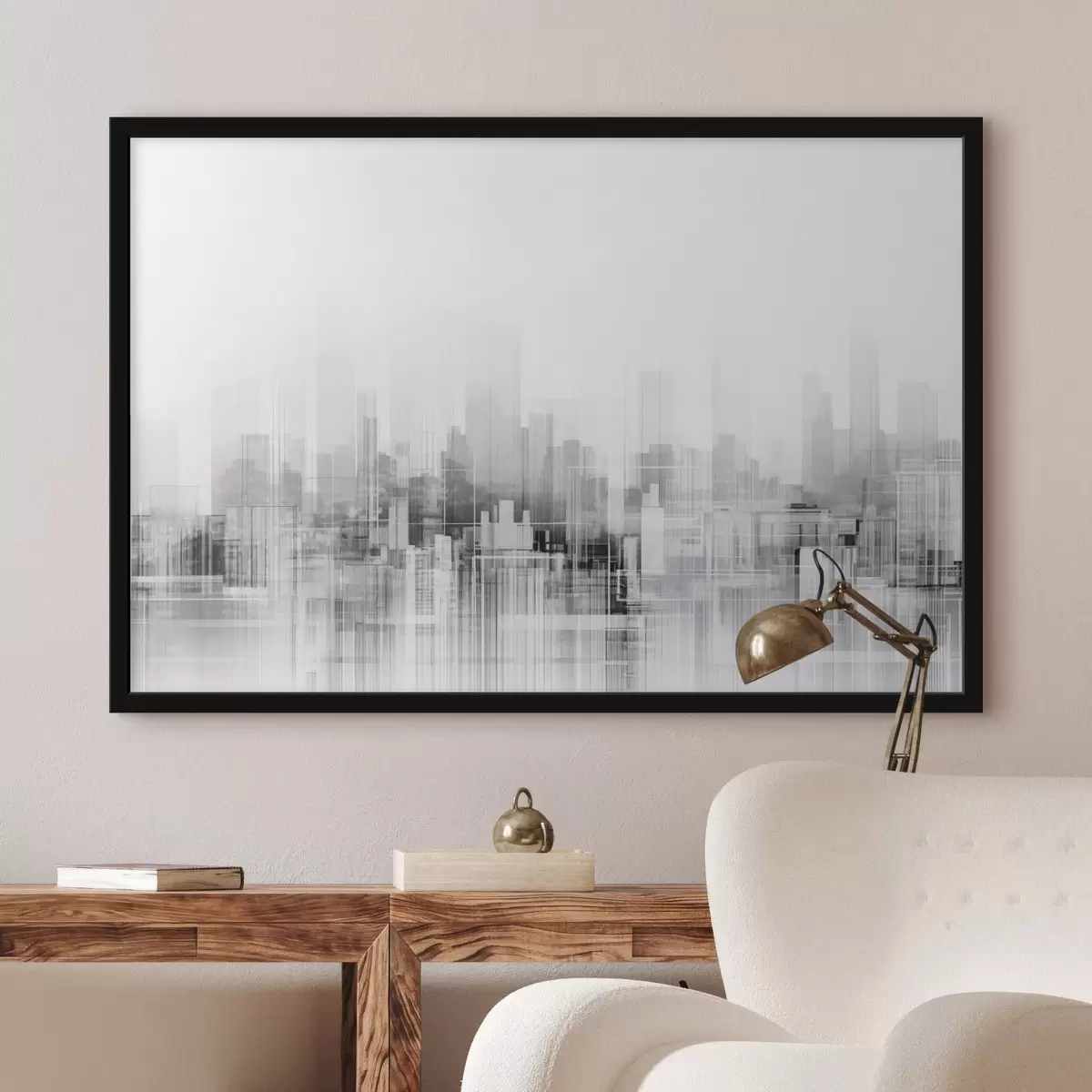 Poster Paesaggio urbano minimalista strutturato con edifici e grattacieli alti, stagliati su un cielo bianco f44863