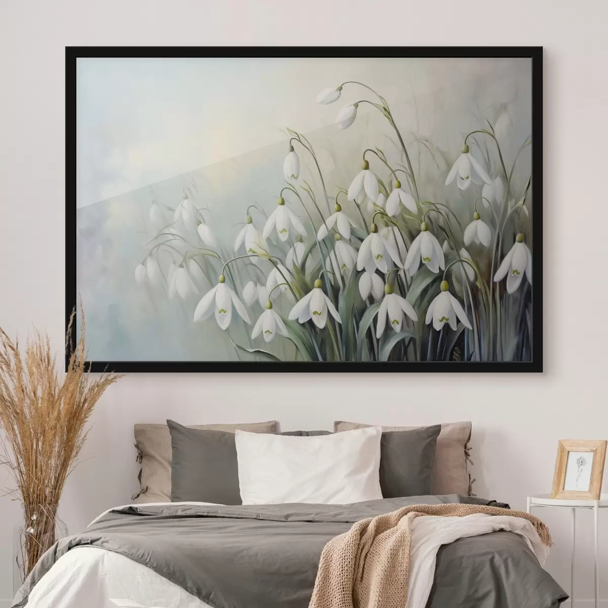 Poster Fiori bianchi di bucaneve con steli e foglie blu e verdi, pennellate morbide, sfondo sfocato f44864