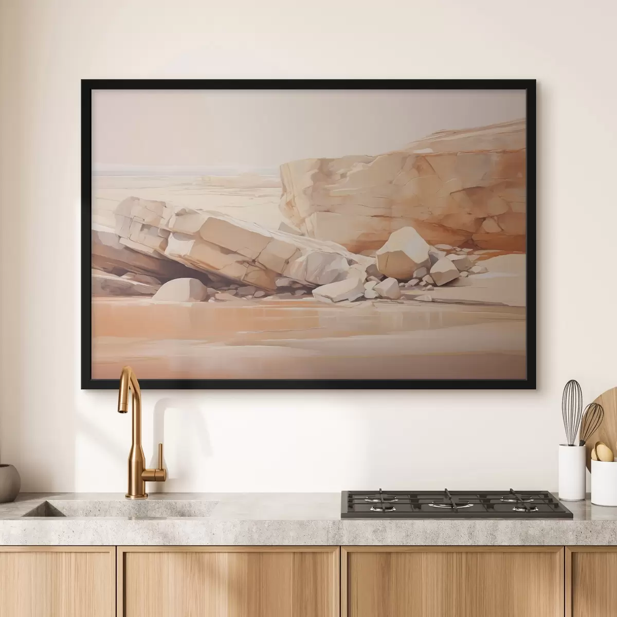 Poster Paesaggio minimalista di spiaggia rocciosa con grandi massi marrone chiaro e acqua limpida f44865