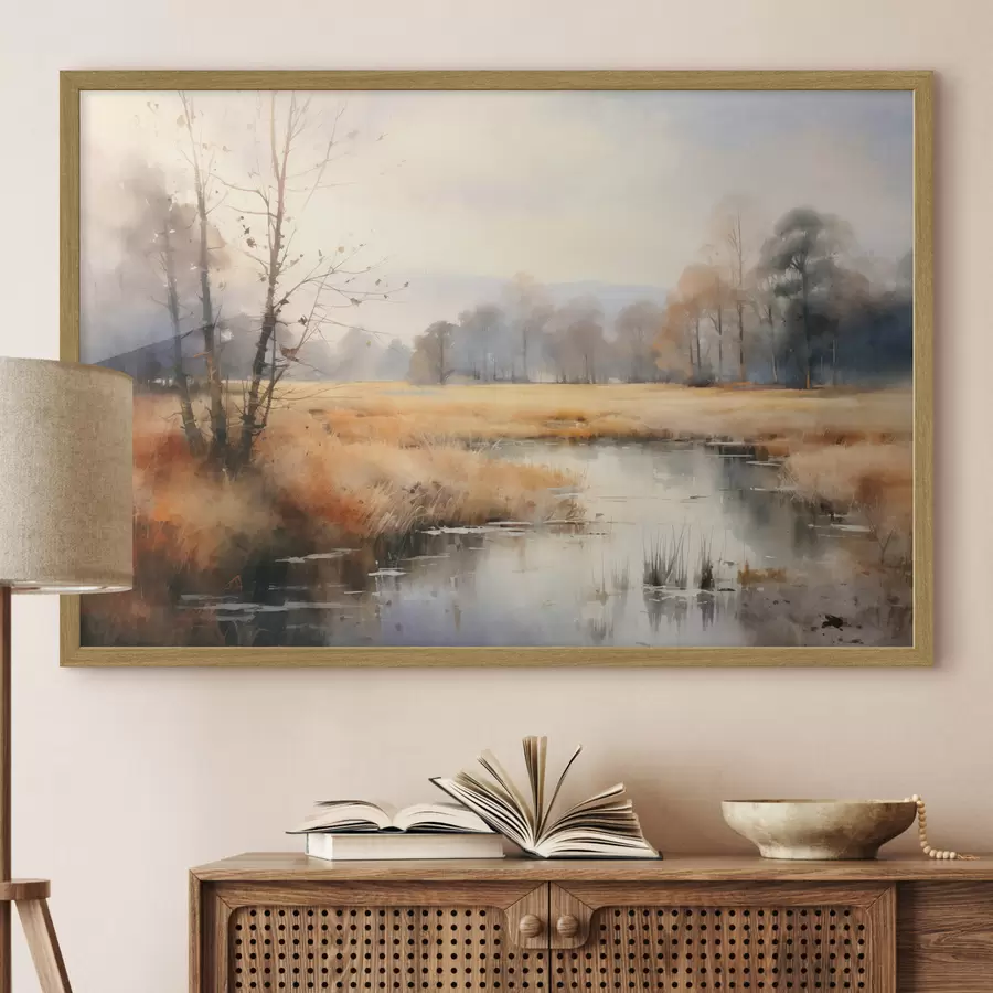 carta da parati Una tranquilla pittura paesaggistica con texture ad imitazione di canne e alberi spogli, l'acqua calma sotto un cielo nr. f44867