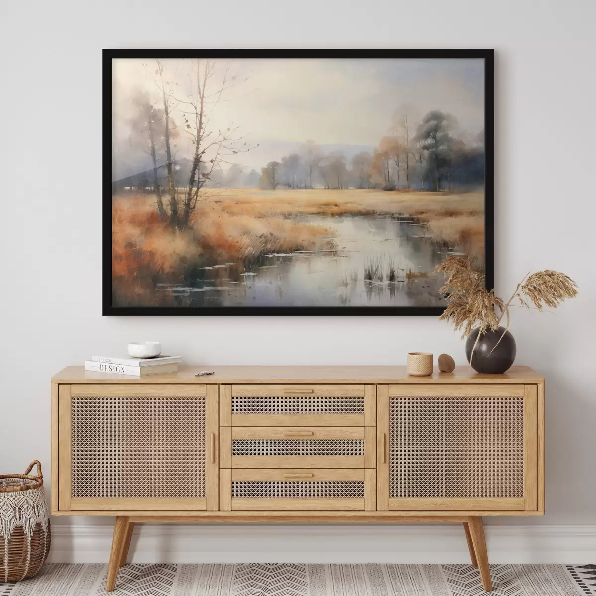 Poster Una tranquilla pittura paesaggistica con texture ad imitazione di canne e alberi spogli, l'acqua calma sotto un cielo f44867