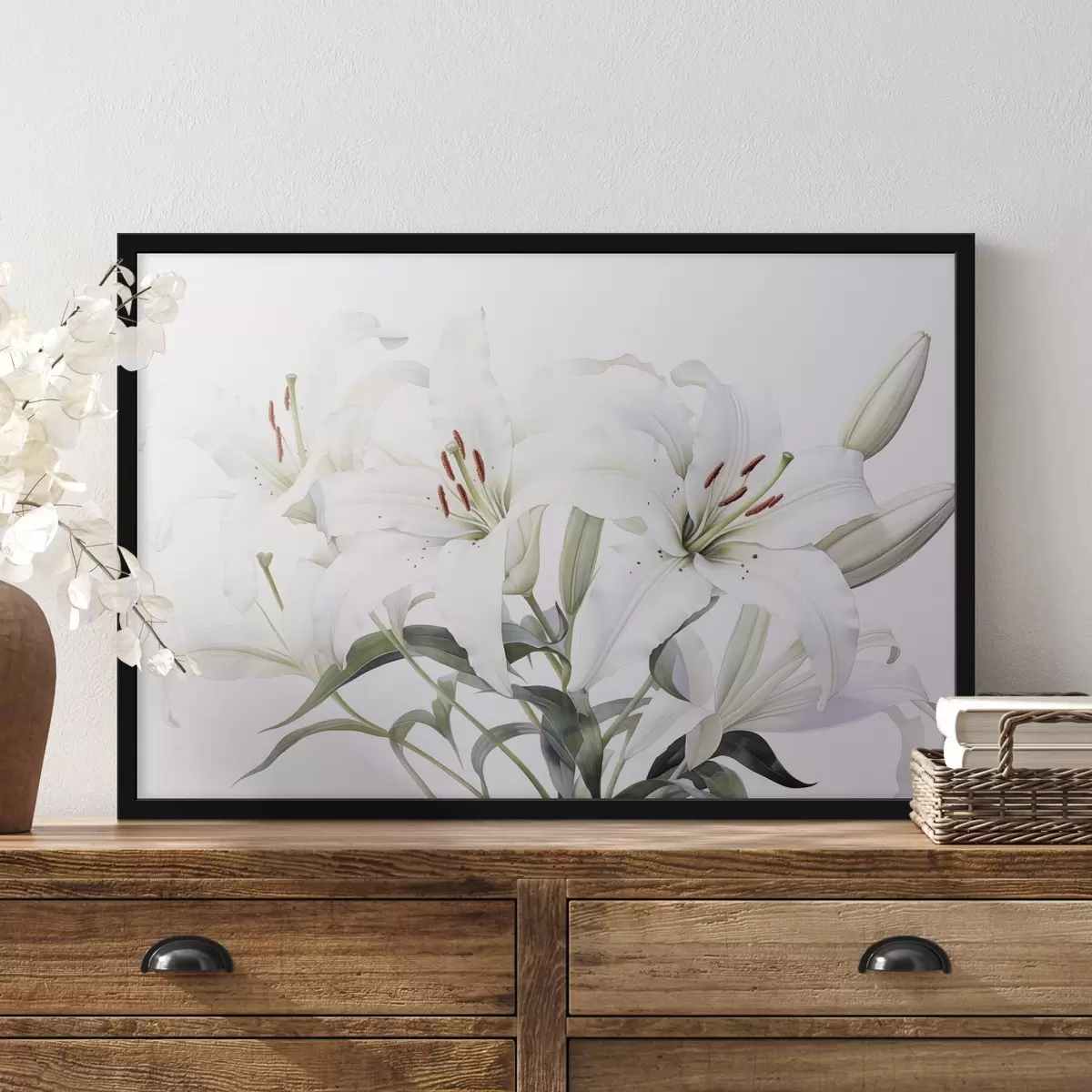 Poster Un bouquet di gigli bianchi con foglie verdi, petali delicati e un morbido sfondo bianco f44868