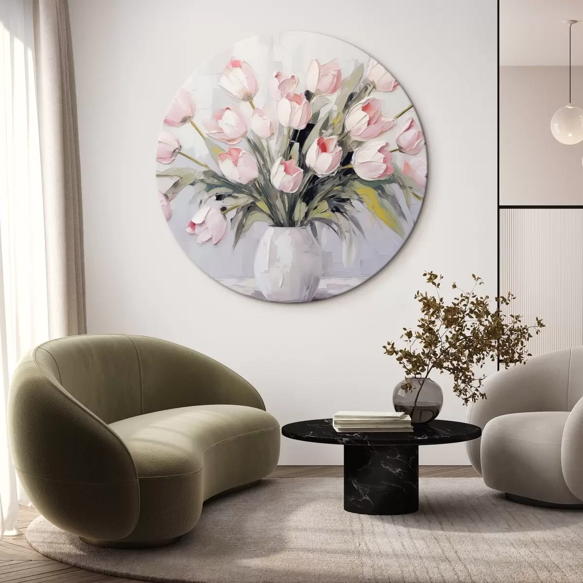 Quadri rotondi Vaso con tulipani rosa, foglie verdi, sfondo grigio chiaro, stile pittura ad olio, pennellate spesse r44852