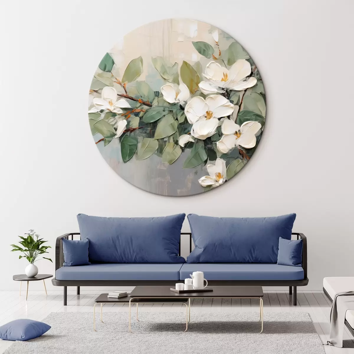 Quadri rotondi Fiori di magnolia con foglie verdi su un ramo, stile impasto testurizzato, tavolozza di colori tenui r44853