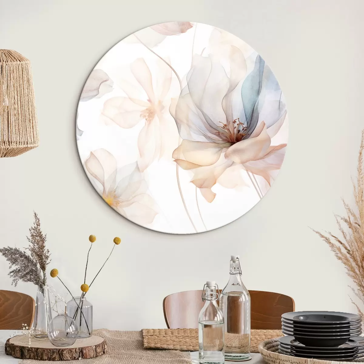 Quadri rotondi Fiori traslucidi e strutturati in colori pastello, petali delicati, linee delicate su sfondo bianco r44855