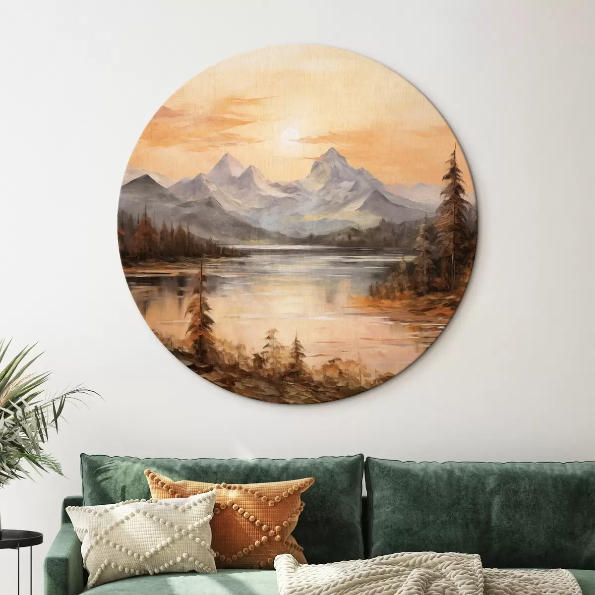 Quadri rotondi Paesaggio con un lago circondato da alberi e montagne sullo sfondo, cielo arancione con il sole r44857