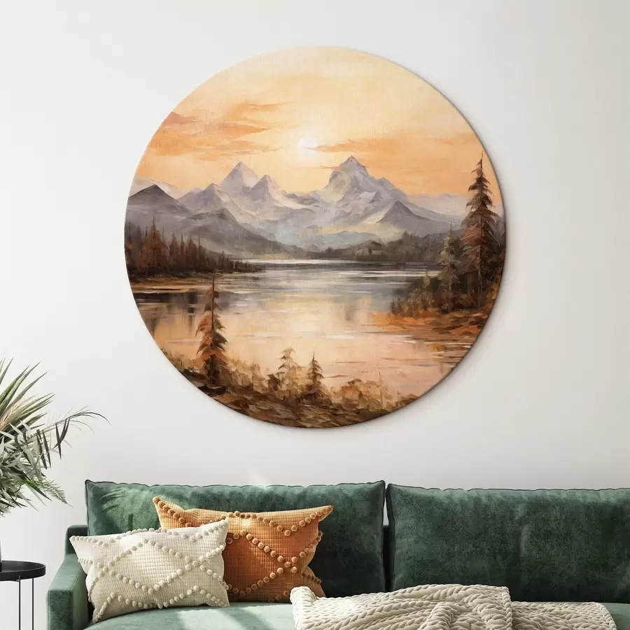 carta da parati Paesaggio con un lago circondato da alberi e montagne sullo sfondo, cielo arancione con il sole nr. r44857