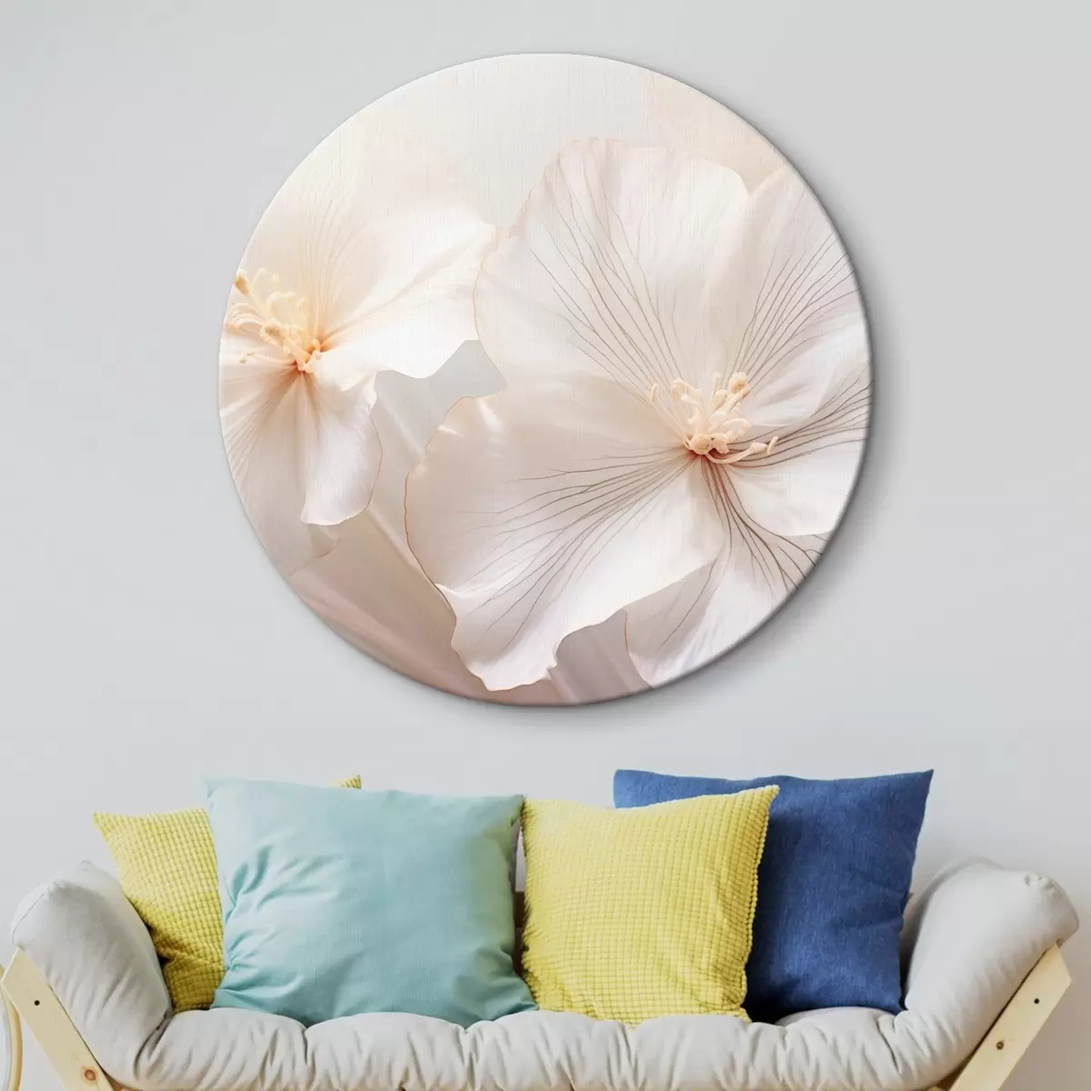 Quadri rotondi Delicati fiori bianchi con petali e centri dai colori tenui e pastello, che creano un'arte floreale sognante ed eterea r44858
