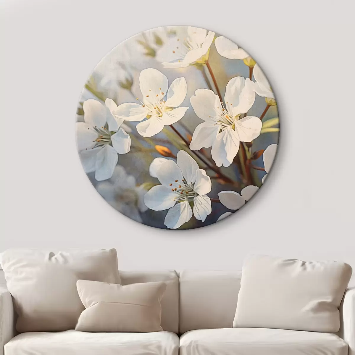 Quadri rotondi Fiori di ciliegio bianchi strutturati in stile acquerello, petali delicati, stagione primaverile r44859