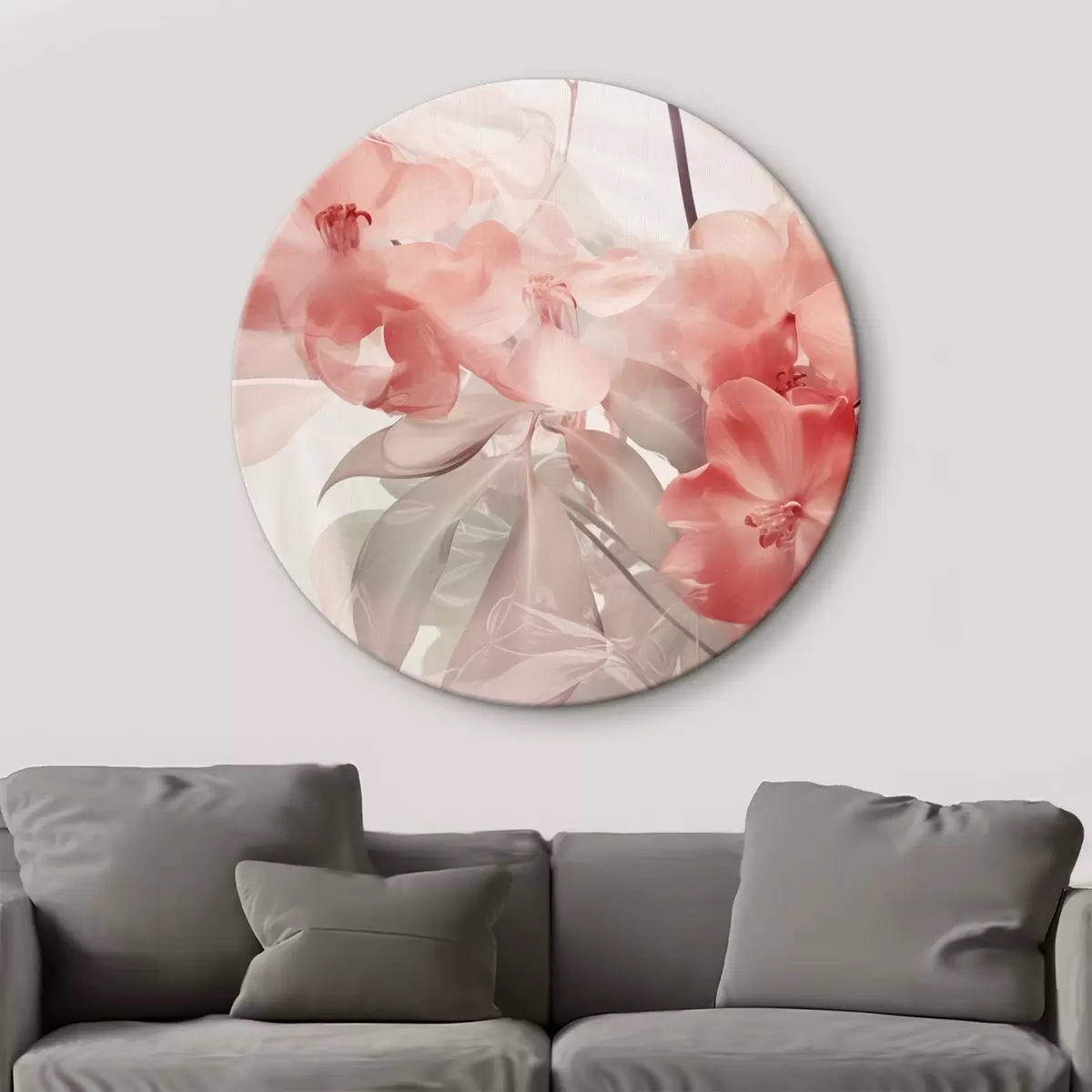 Quadri rotondi Fiori tropicali rosa vibranti con foglie verdi tenui, che creano una texture delicata e sognante r44861