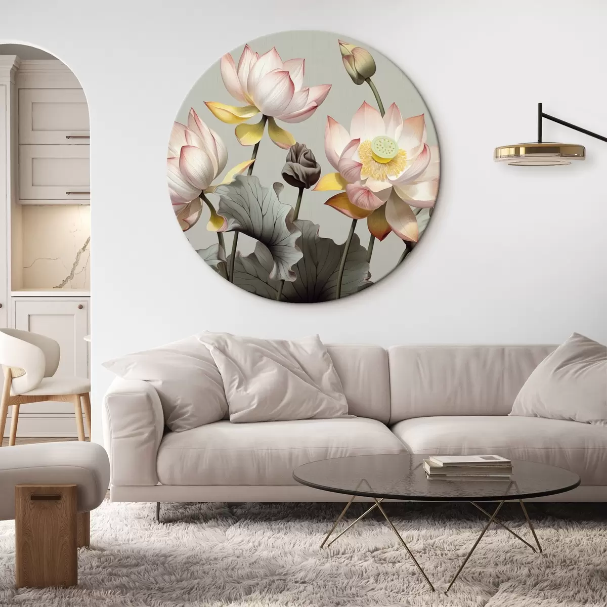Quadri rotondi Fiori di loto con petali pastello e foglie verdi, in una tavolozza di colori tenui, su uno sfondo semplice r44862
