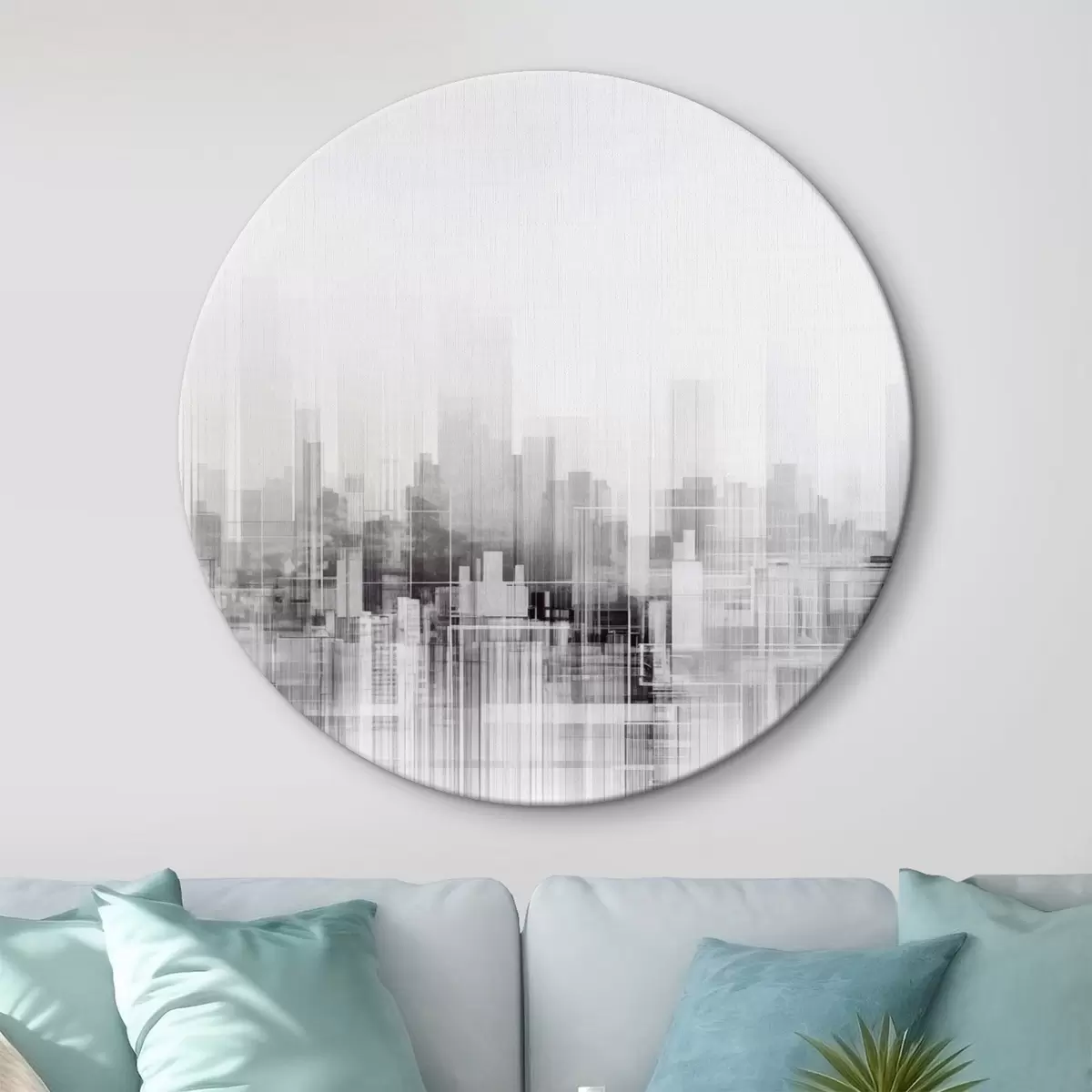 Quadri rotondi Paesaggio urbano minimalista strutturato con edifici e grattacieli alti, stagliati su un cielo bianco r44863