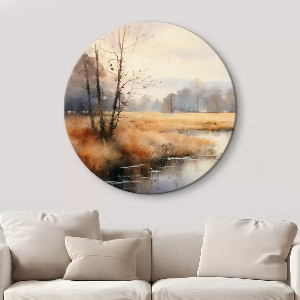 Quadri rotondi Una tranquilla pittura paesaggistica con texture ad imitazione di canne e alberi spogli, l'acqua calma sotto un cielo r44867