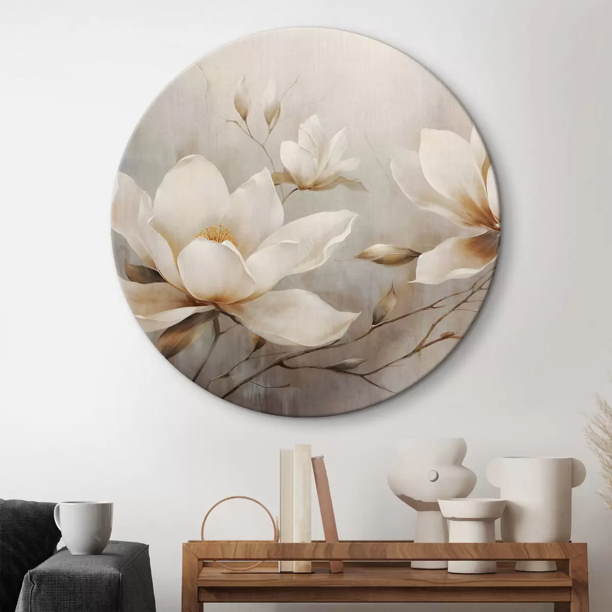 Quadri rotondi Fiori di magnolia bianchi e testurizzati su rami in uno sfondo marrone chiaro r44869