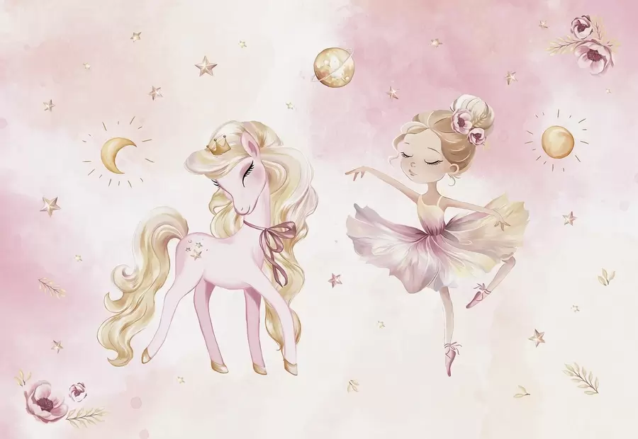 Carta da parati per Bambini Unicorno e ballerina in una fiaba rosa, storia per bambini 