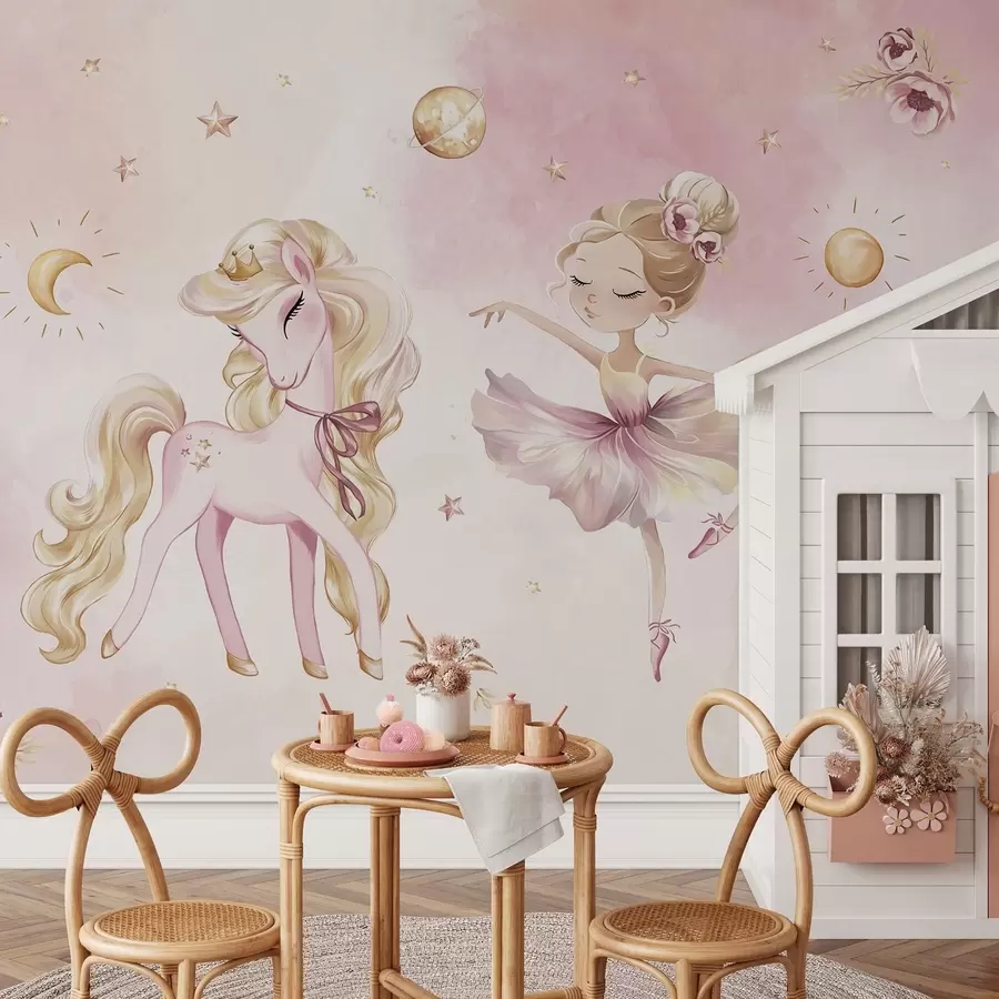 Carta da parati per Bambini Unicorno e ballerina in una fiaba rosa, storia per bambini 