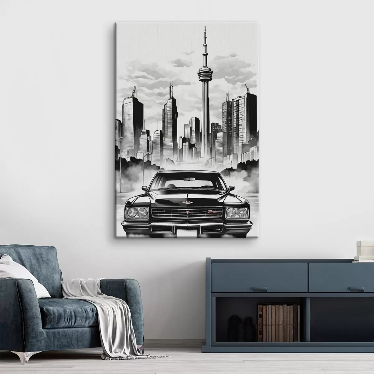 carta da parati Auto retrò sullo sfondo di città monocromatica con grattacieli nr. s44871