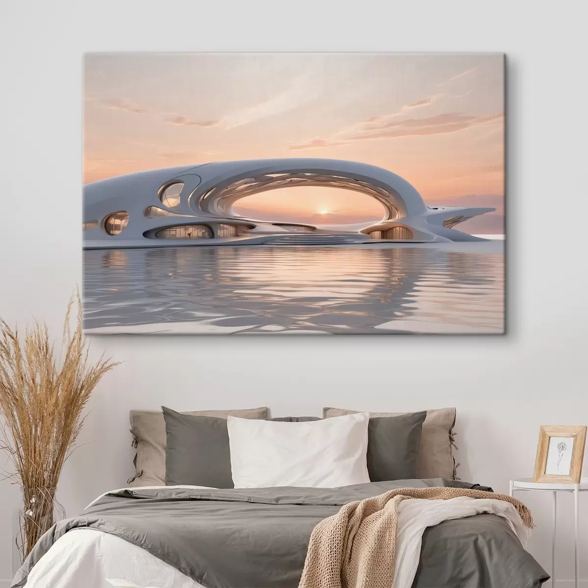 carta da parati Edificio futuristico sull'acqua contro un tramonto rosa nr. s44884