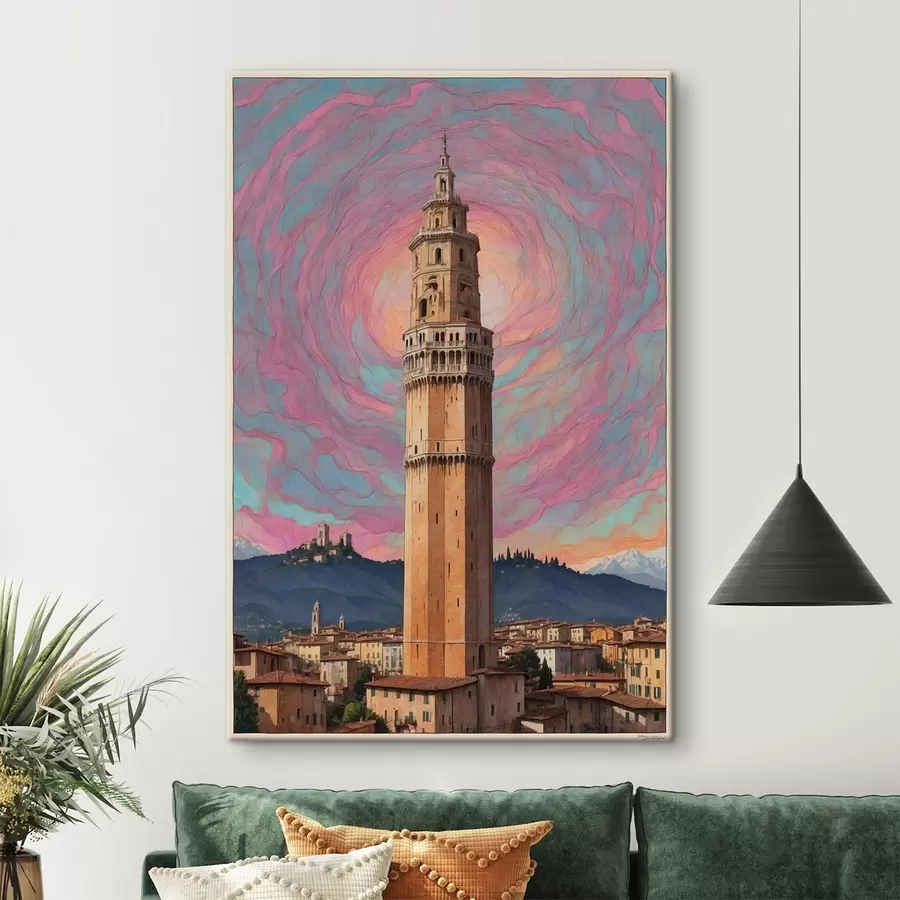carta da parati Torre di fantasia contro il cielo con spirali rosa e blu nr. s44885