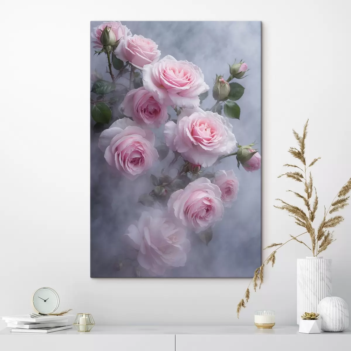 carta da parati Rose rosa tenue nella nebbia con foglie verdi nr. s44892