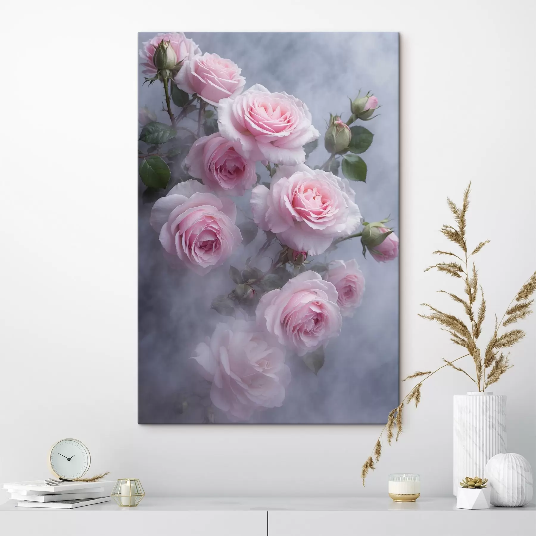 carta da parati Rose rosa tenue nella nebbia con foglie verdi nr. s44892